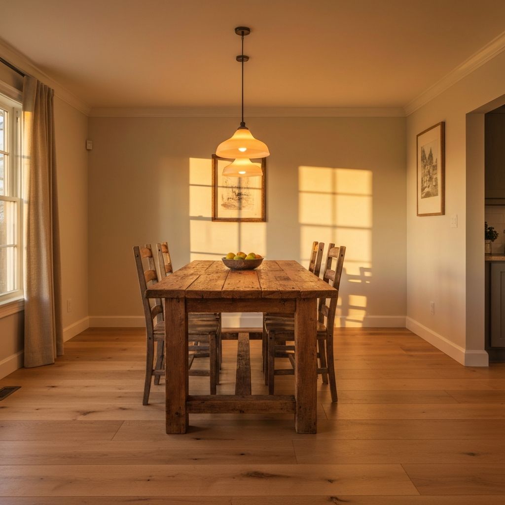 Dining room with wide plank oak floors